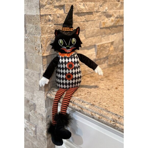 Harlequin Cat Halloween Shelf Sitter Doll Dangly Leg Decoration 21” - Picture 1 of 7